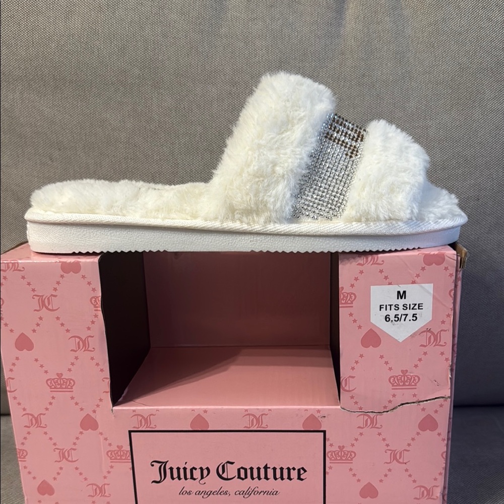 Juicy Couture White Fuzzy Slides